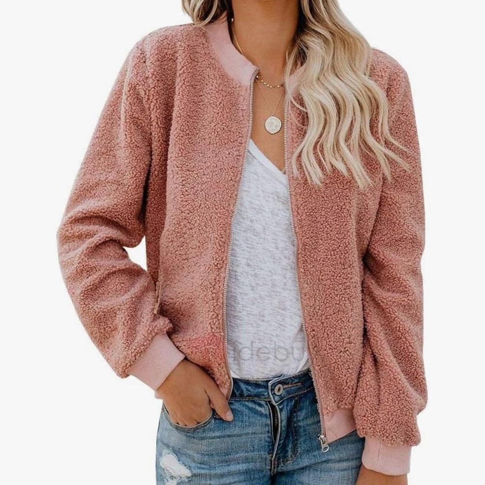 Rvshilfy Pink Fleece Fuzzy Long Sleeve Faux Sherpa Zip Up Bomber Coat Size S